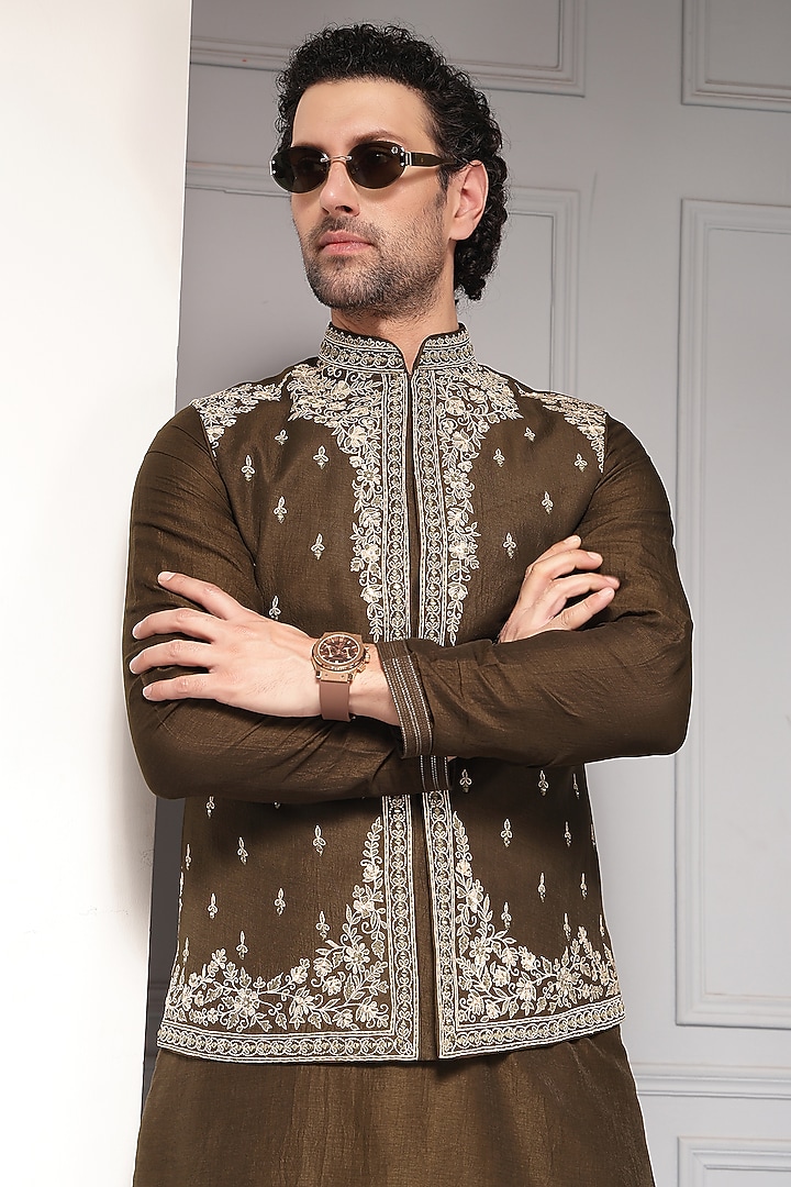 Olive Brown Linen Silk Blend Thread Embroidered Nehru Jacket Set by Soniya G Men at Pernia's Pop Up Shop