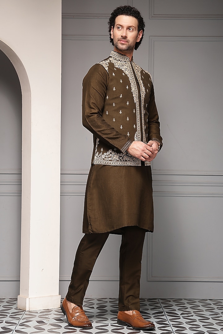 Olive Brown Linen Silk Blend Thread Embroidered Nehru Jacket Set by Soniya G Men at Pernia's Pop Up Shop