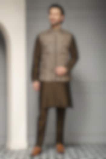 Deep Olive Linen Silk Blend Thread Embroidered Nehru Jacket Set by Soniya G Men at Pernia's Pop Up Shop