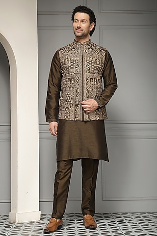 Deep Olive Linen Silk Blend Thread Embroidered Nehru Jacket Set by Soniya G Men