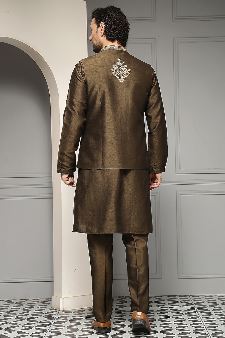 Deep Olive Linen Silk Blend Thread Embroidered Nehru Jacket Set by Soniya G Men at Pernia's Pop Up Shop