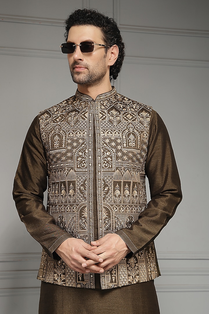 Deep Olive Linen Silk Blend Thread Embroidered Nehru Jacket Set by Soniya G Men at Pernia's Pop Up Shop