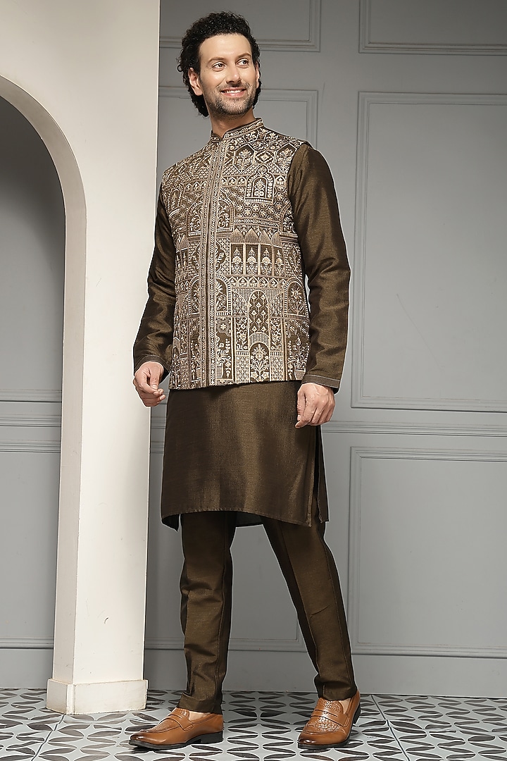 Deep Olive Linen Silk Blend Thread Embroidered Nehru Jacket Set by Soniya G Men at Pernia's Pop Up Shop