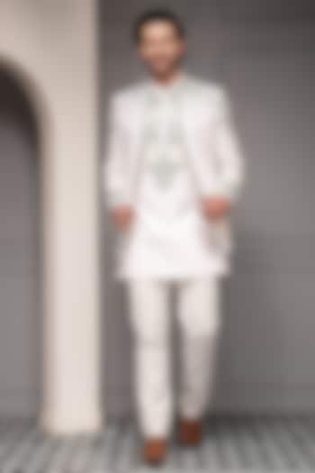 Pristine Ivory Linen Silk Blend Sequins Embroidered Nehru Jacket Set by Soniya G Men at Pernia's Pop Up Shop