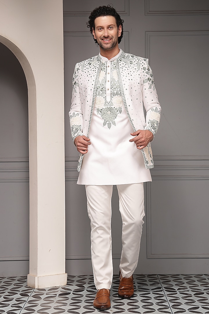 Pristine Ivory Linen Silk Blend Sequins Embroidered Nehru Jacket Set by Soniya G Men at Pernia's Pop Up Shop