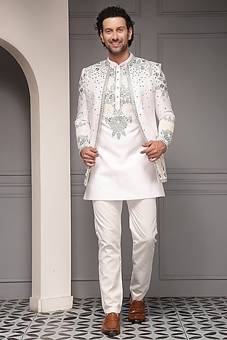 Pristine Ivory Linen Silk Blend Sequins Embroidered Nehru Jacket Set by Soniya G Men