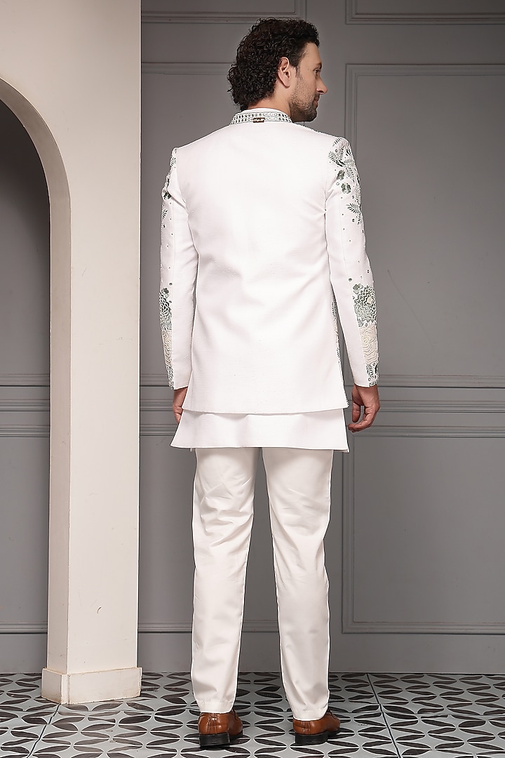 Pristine Ivory Linen Silk Blend Sequins Embroidered Nehru Jacket Set by Soniya G Men at Pernia's Pop Up Shop