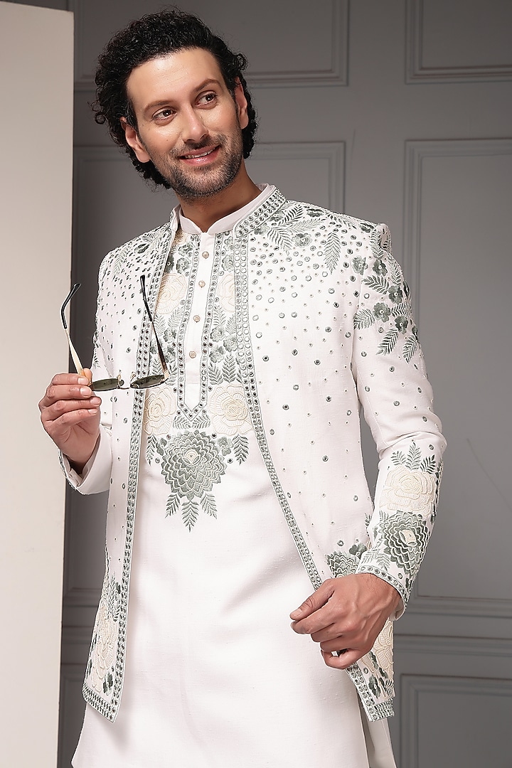 Pristine Ivory Linen Silk Blend Sequins Embroidered Nehru Jacket Set by Soniya G Men at Pernia's Pop Up Shop