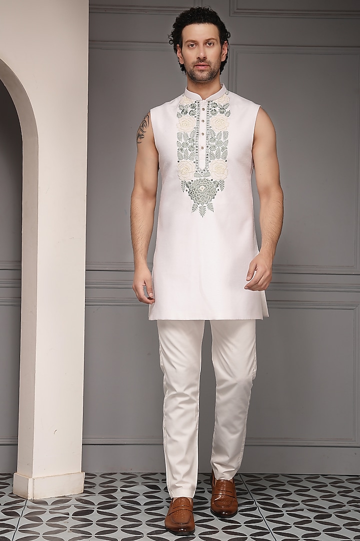 Pristine Ivory Linen Silk Blend Sequins Embroidered Nehru Jacket Set by Soniya G Men at Pernia's Pop Up Shop