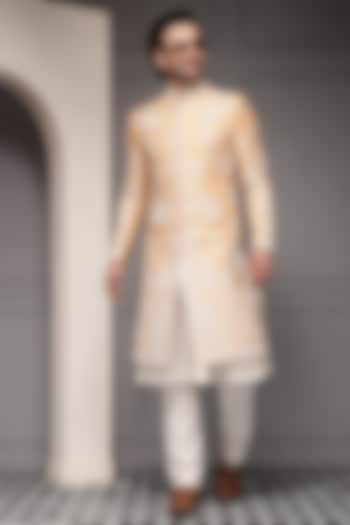 Soft Peach Silk Blend Thread Embroidered Groom Sherwani Set by Soniya G Men at Pernia's Pop Up Shop