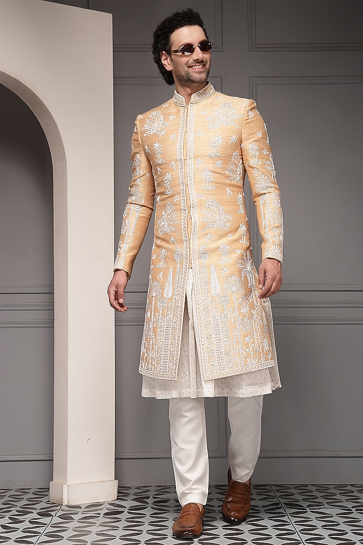 Soft Peach Silk Blend Thread Embroidered Groom Sherwani Set by Soniya G Men at Pernia's Pop Up Shop