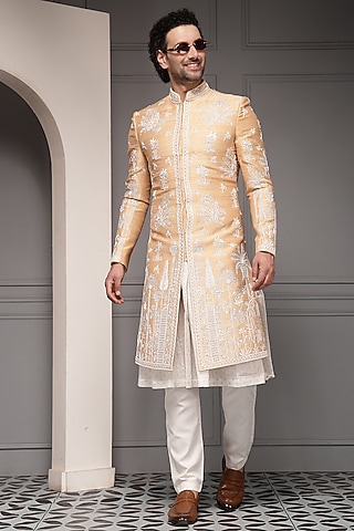 Soft Peach Silk Blend Thread Embroidered Sherwani Set by Soniya G Men