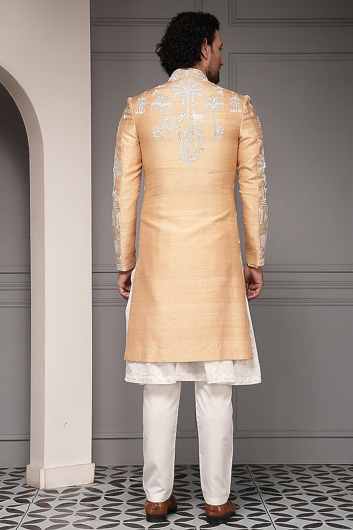 Soft Peach Silk Blend Thread Embroidered Groom Sherwani Set by Soniya G Men at Pernia's Pop Up Shop