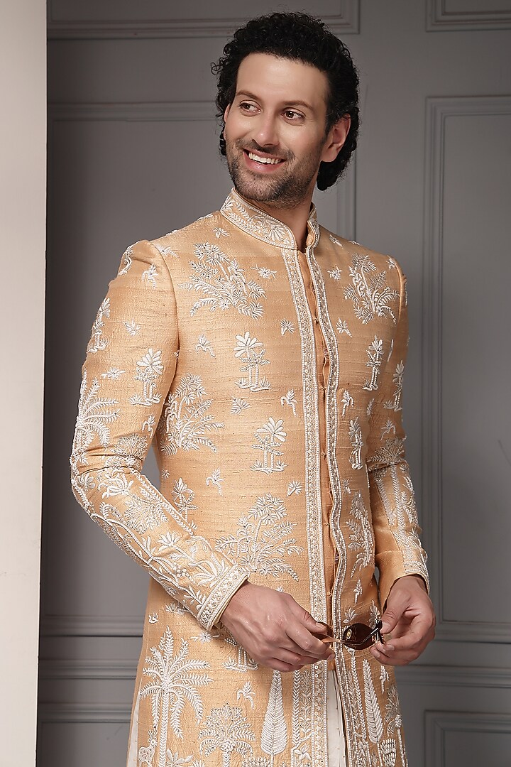 Soft Peach Silk Blend Thread Embroidered Groom Sherwani Set by Soniya G Men at Pernia's Pop Up Shop