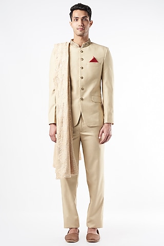 Beige Embroidered Jodhpuri Set by Soniya G Men