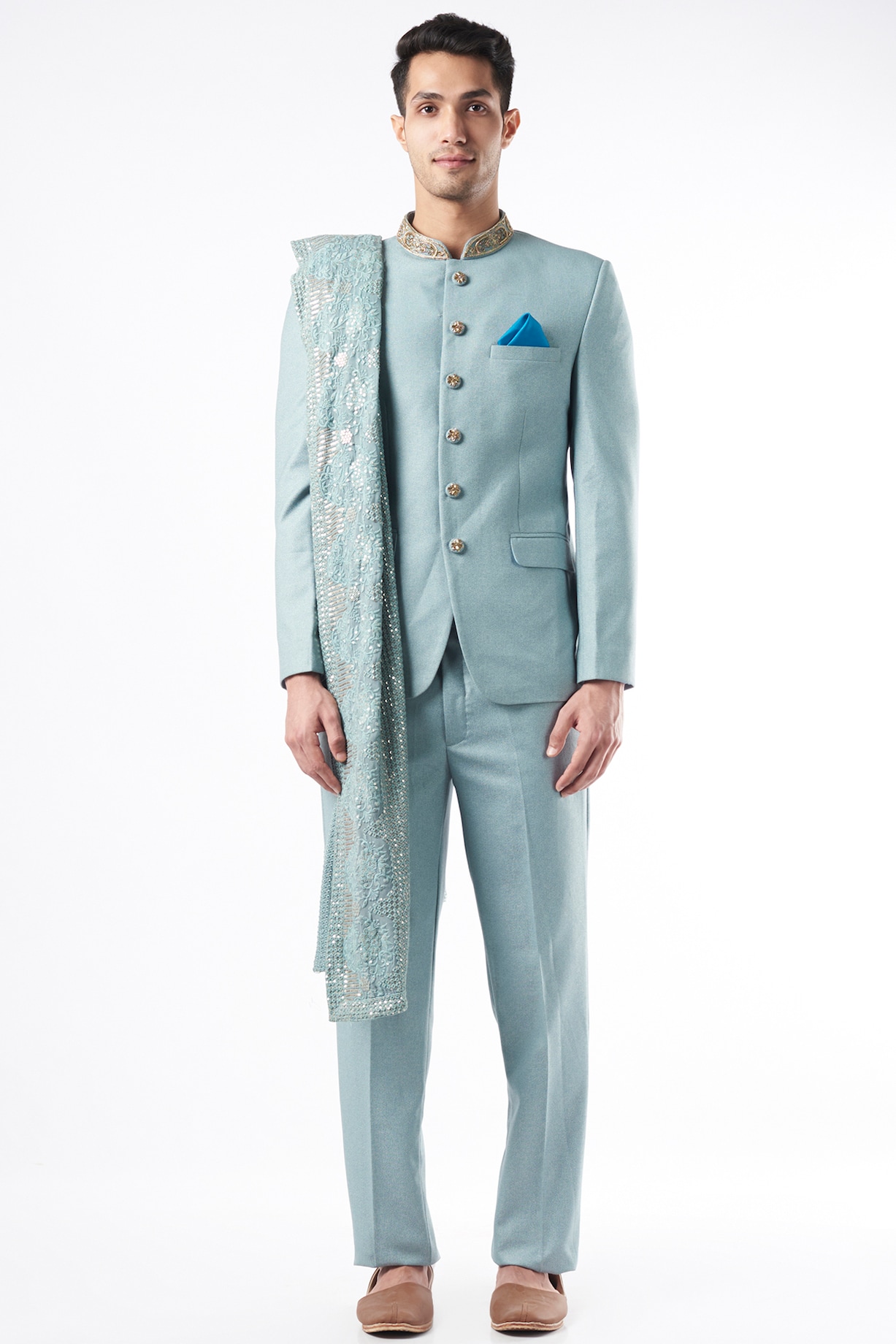 Ice Blue Embroidered Jodhpuri Set by Soniya G Men at Pernia's Pop