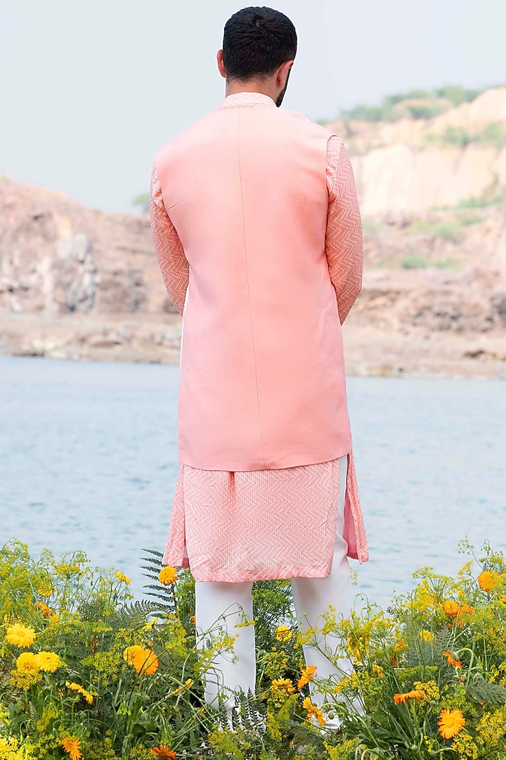 Baby Pink Kurta Set With Embroidered Waistcoat by Soniya G Men at Pernia's Pop Up Shop