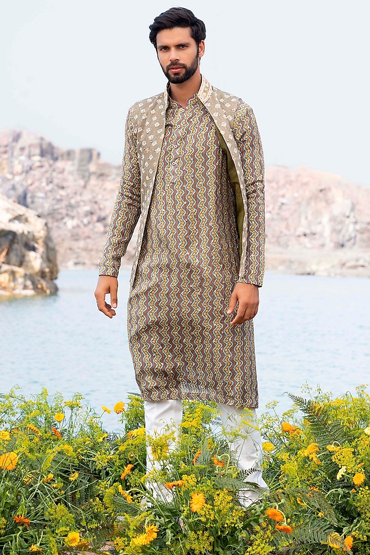 Pista Green Kurta Set With Bandhani Jacket by Soniya G Men