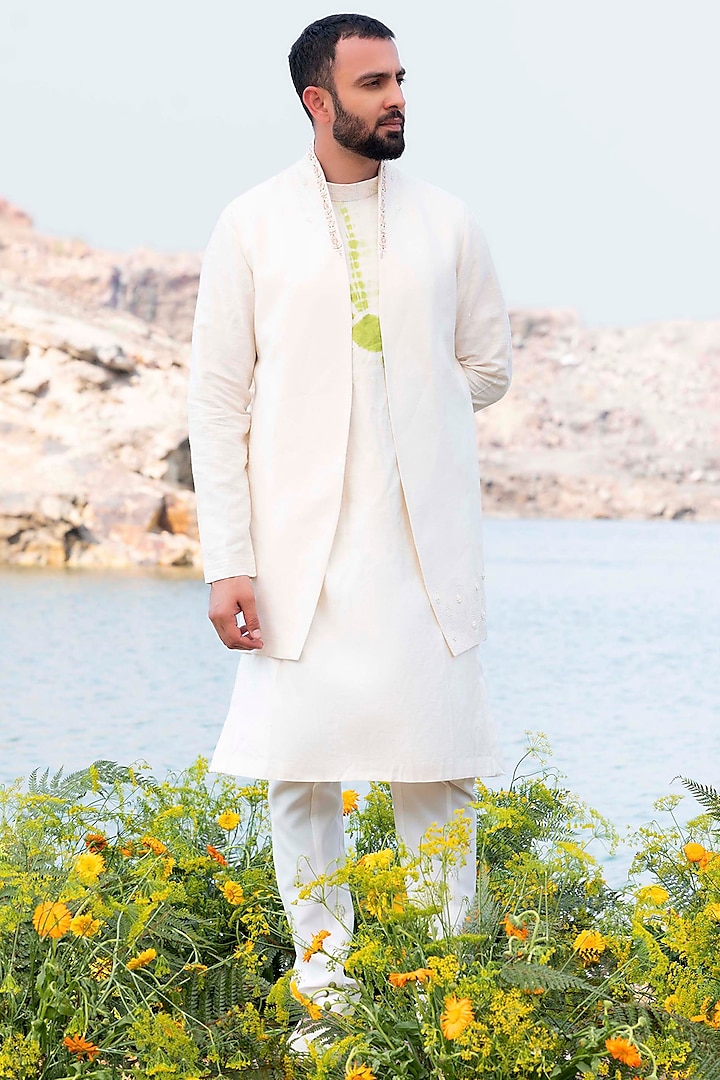 White Printed Kurta Set With Jacket by Soniya G Men