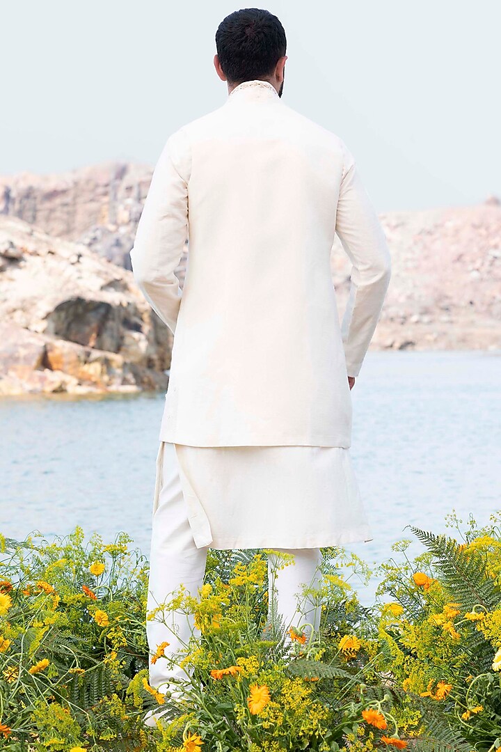 White Printed Kurta Set With Jacket by Soniya G Men at Pernia's Pop Up Shop