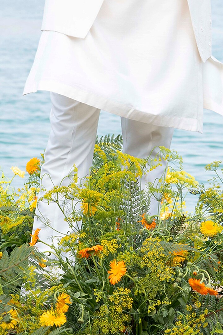 White Printed Kurta Set With Jacket by Soniya G Men at Pernia's Pop Up Shop