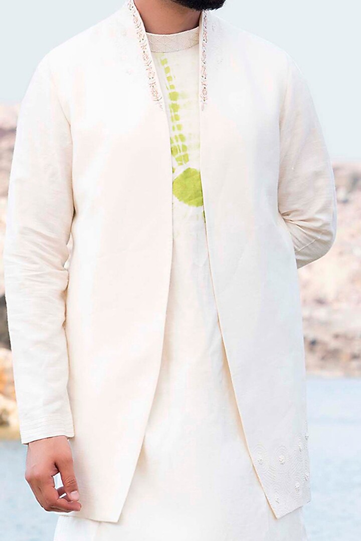 White Printed Kurta Set With Jacket by Soniya G Men at Pernia's Pop Up Shop