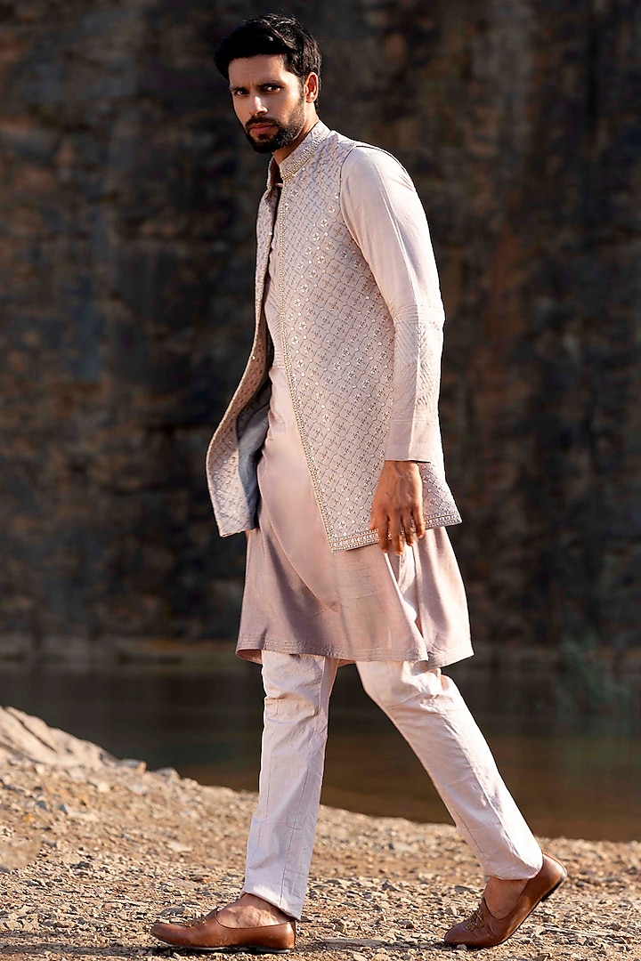Blush Pink Kurta Set With Jacket by Soniya G Men