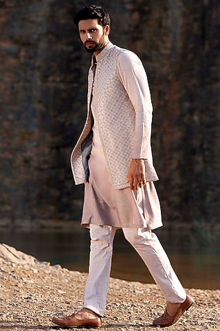 Blush Pink Kurta Set With Jacket by Soniya G Men