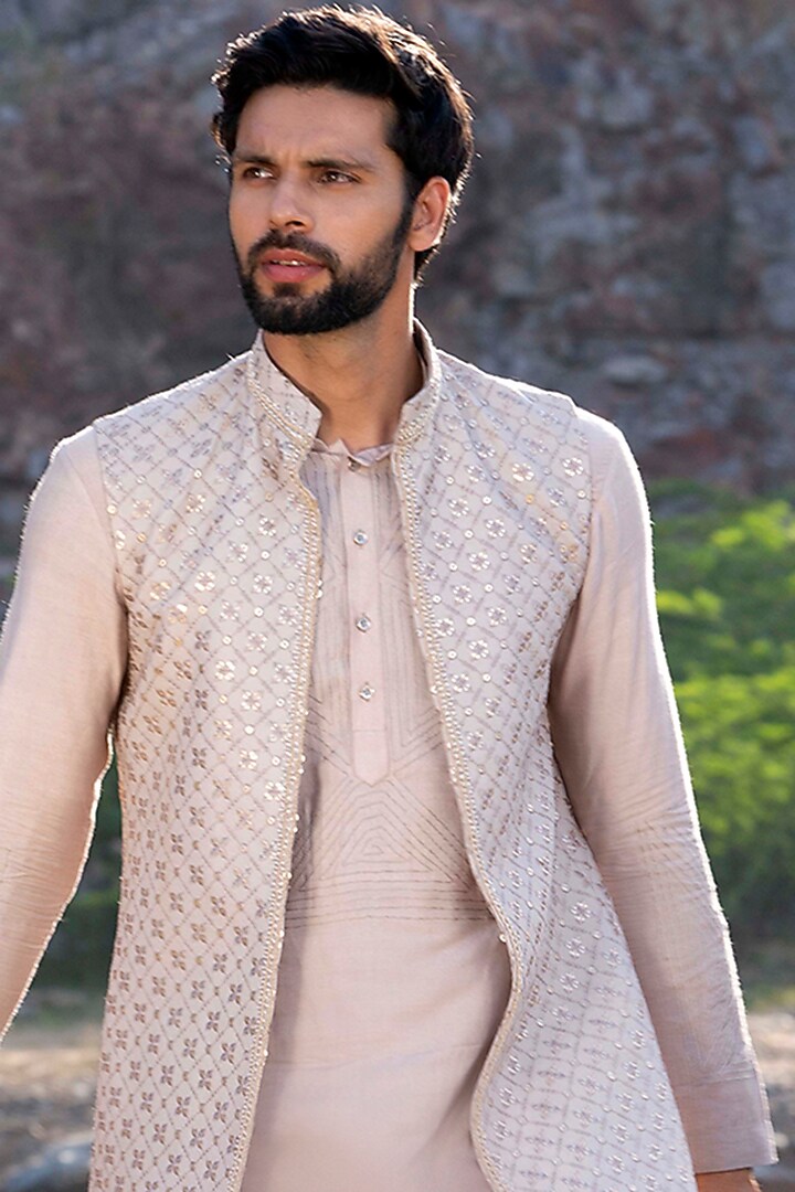 Blush Pink Kurta Set With Jacket by Soniya G Men at Pernia's Pop Up Shop