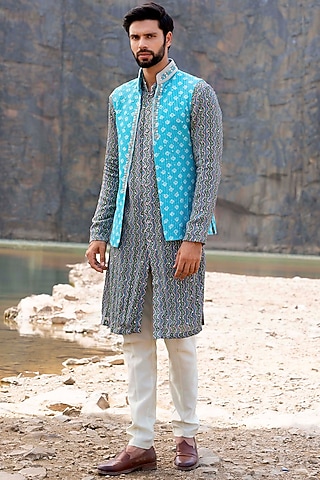 Firozi Silk Indowestern set by Soniya G Men