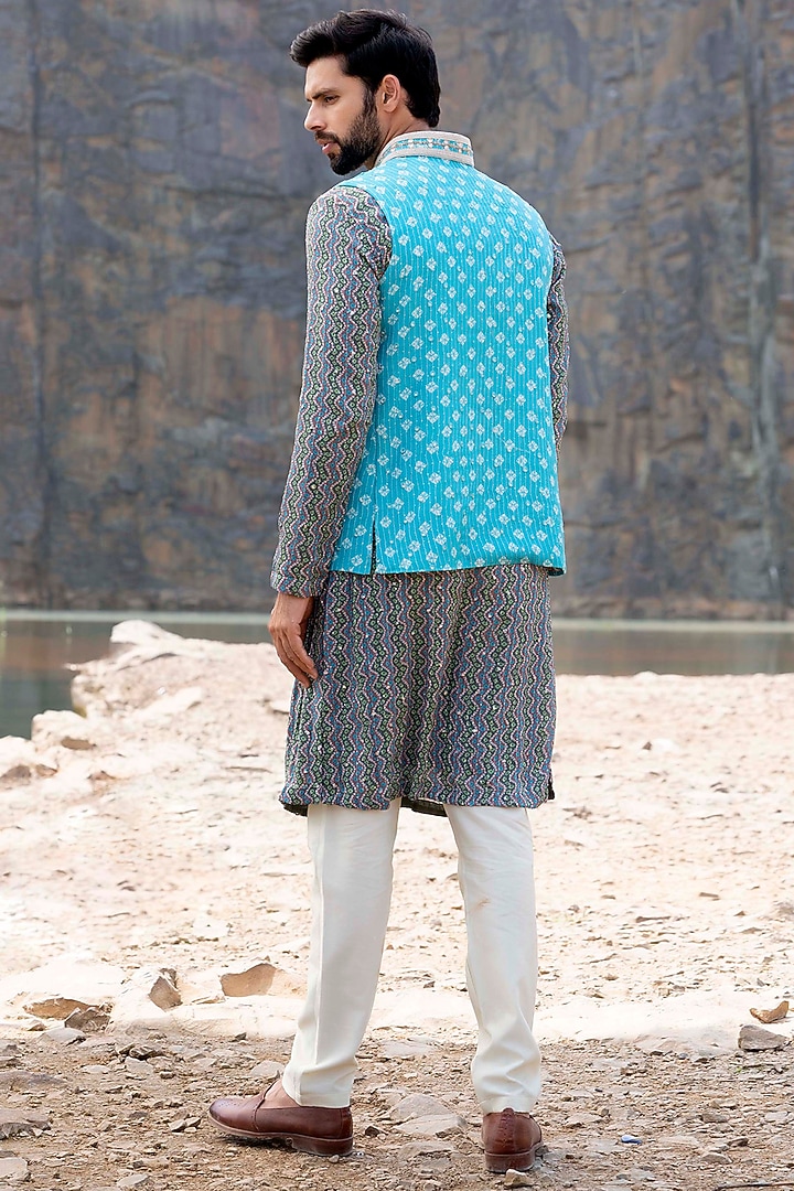 Firozi Silk Wedding Indowestern set by Soniya G Men at Pernia's Pop Up Shop