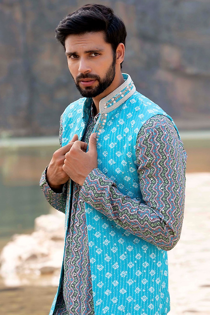 Firozi Silk Wedding Indowestern set by Soniya G Men at Pernia's Pop Up Shop