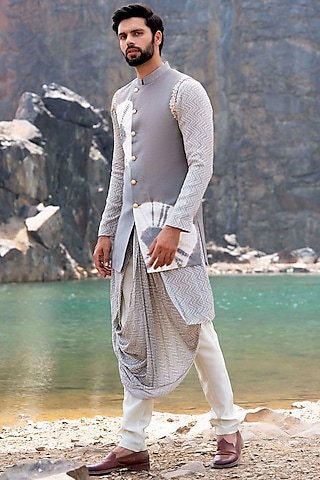 Lava Grey Draped Kurta Set With Jacket by Soniya G Men