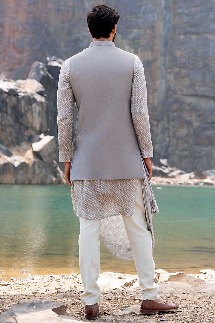 Lava Grey Draped Kurta Set With Jacket by Soniya G Men at Pernia's Pop Up Shop