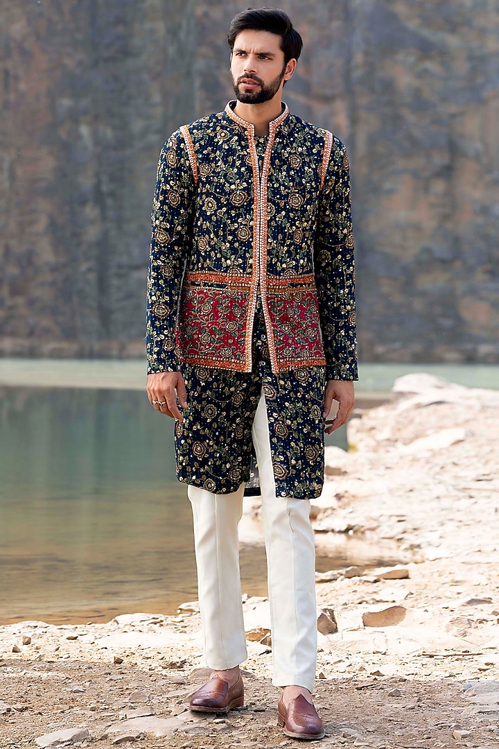 Navy Blue Kurta Set With Embroidered Jacket by Soniya G Men at Pernia's Pop Up Shop