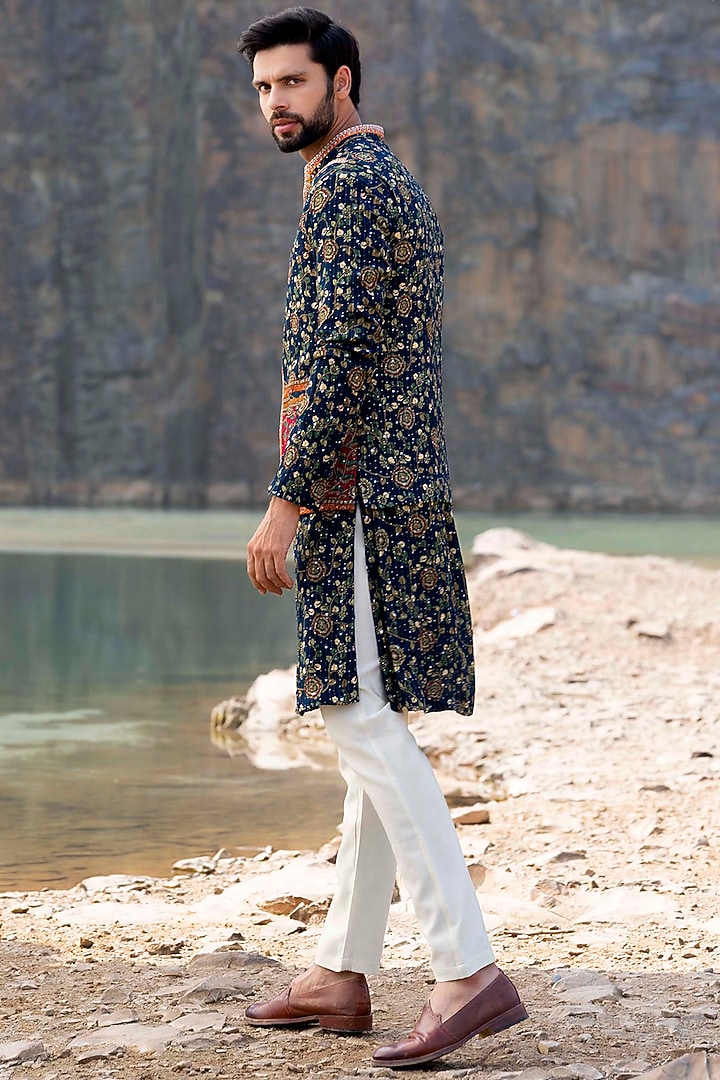 Navy Blue Kurta Set With Embroidered Jacket by Soniya G Men at Pernia's Pop Up Shop