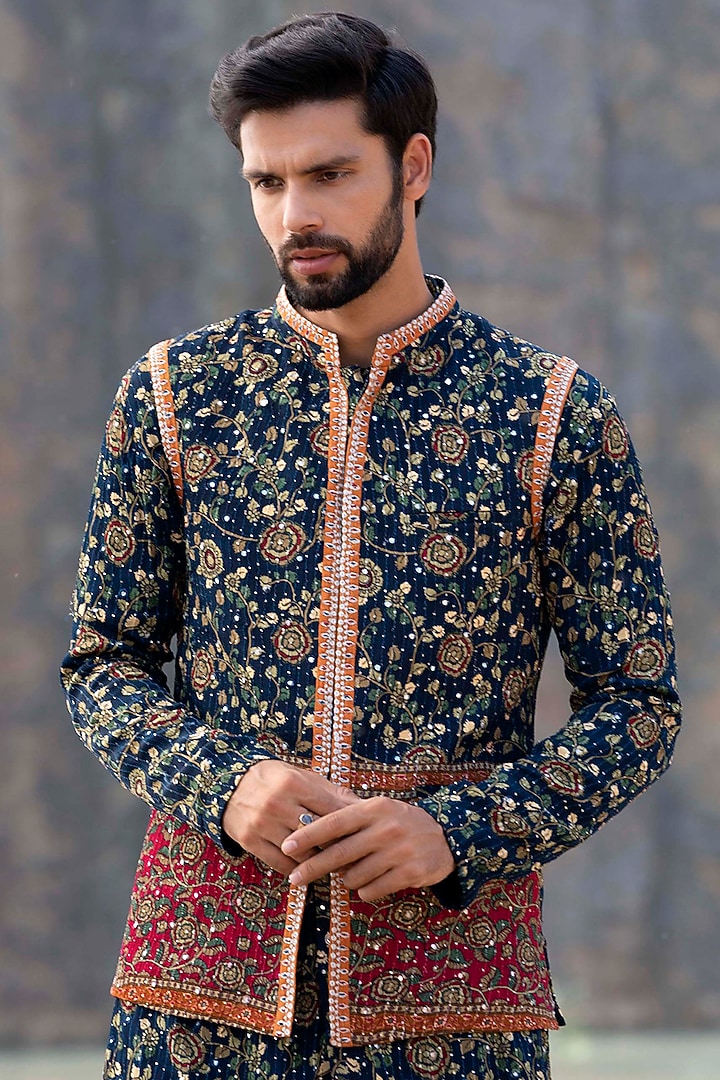 Navy Blue Kurta Set With Embroidered Jacket by Soniya G Men at Pernia's Pop Up Shop