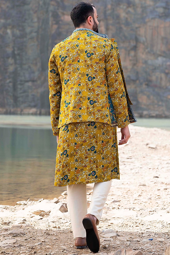 Mustard Kurta Set With Embroidered Jacket by Soniya G Men at Pernia's Pop Up Shop