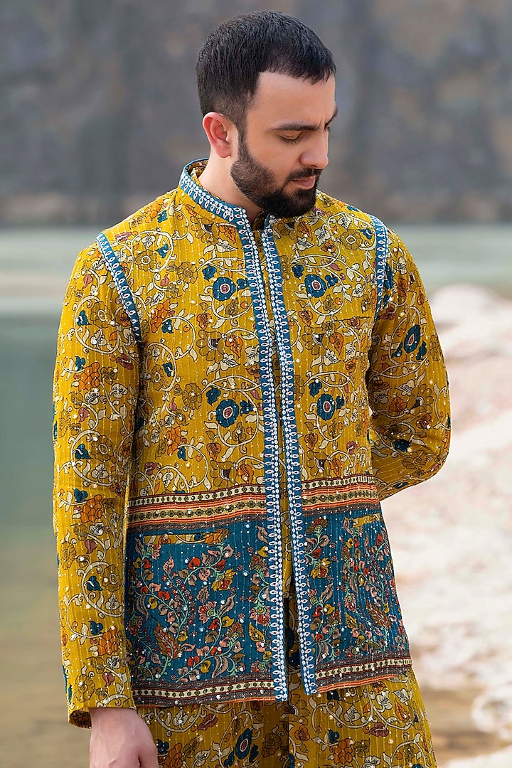 Mustard Kurta Set With Embroidered Jacket by Soniya G Men at Pernia's Pop Up Shop