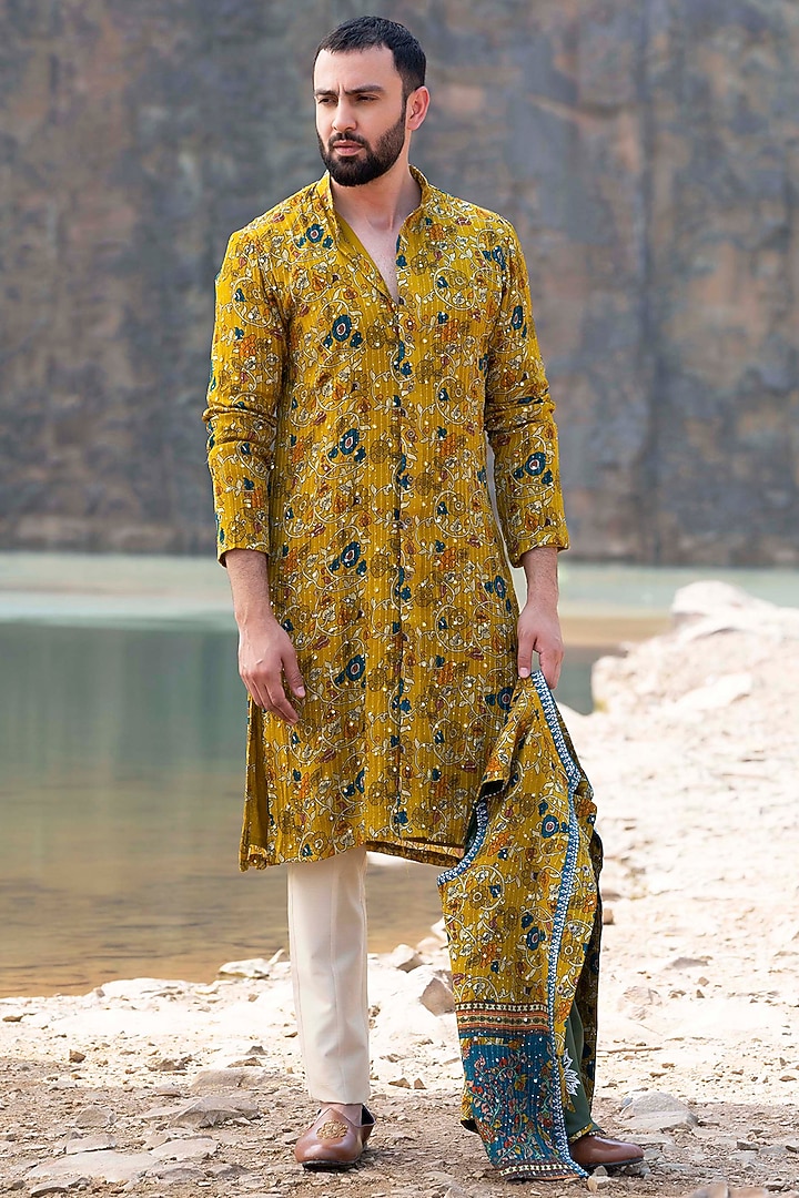Mustard Kurta Set With Embroidered Jacket by Soniya G Men at Pernia's Pop Up Shop