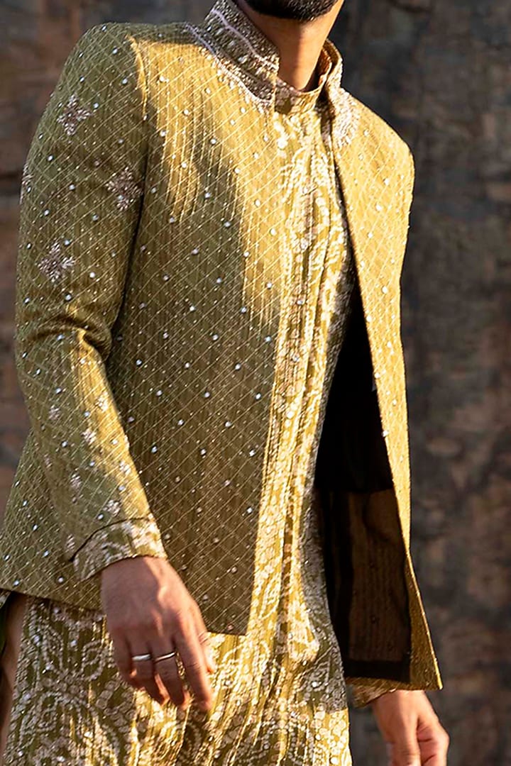 Olive Green Wedding Indowestern set by Soniya G Men at Pernia's Pop Up Shop