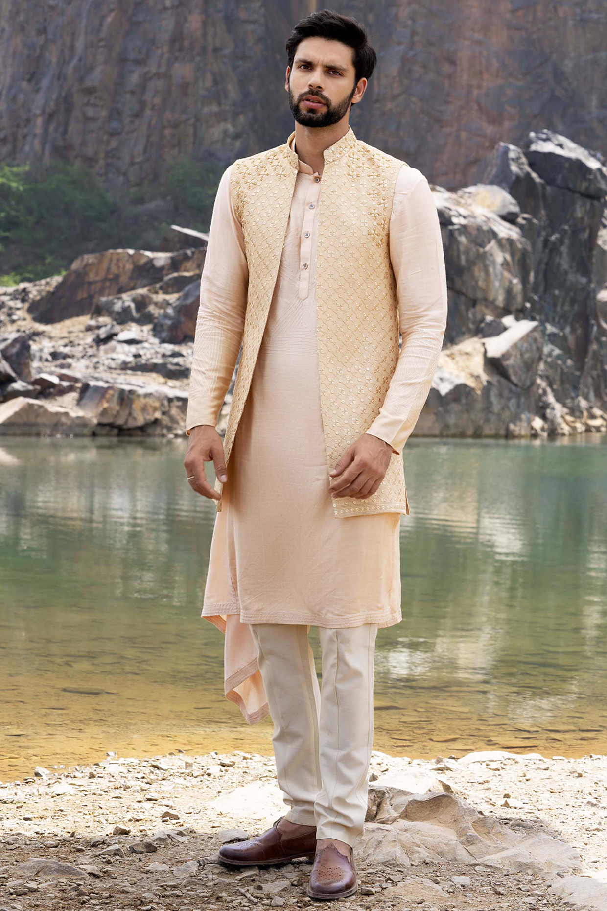 Gold Silk Embroidered Indowestern Set by Soniya G Men