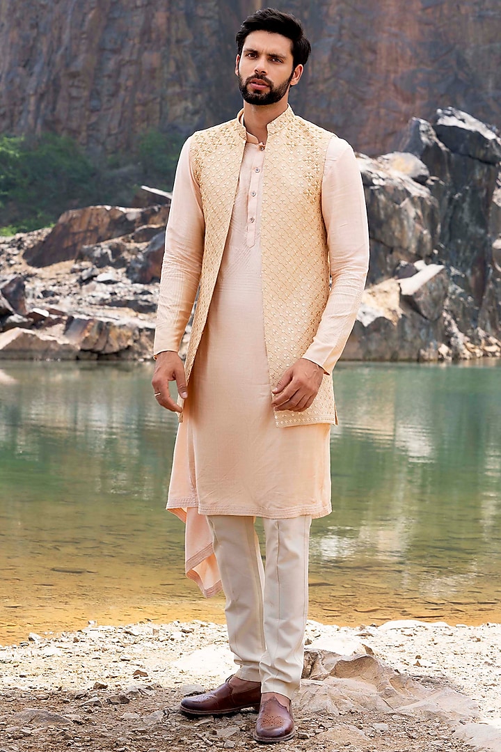 Gold Silk Embroidered Indowestern Set by Soniya G Men