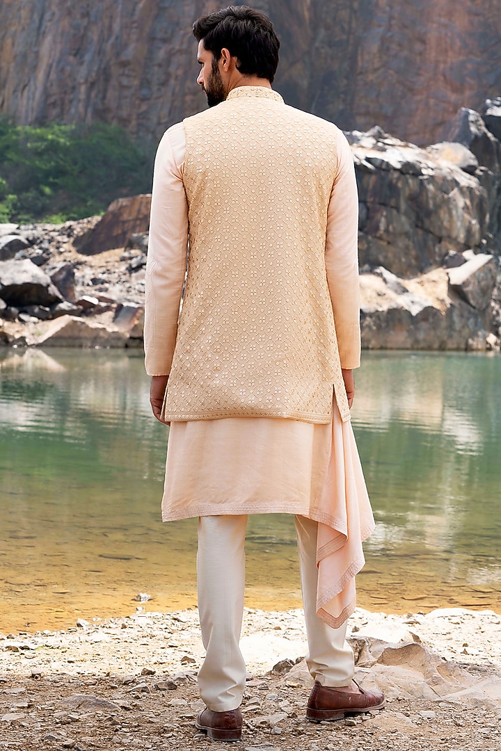 Gold Silk Embroidered Wedding Indowestern Set by Soniya G Men at Pernia's Pop Up Shop
