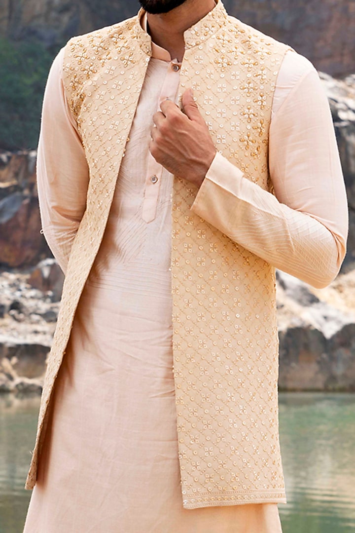 Gold Silk Embroidered Wedding Indowestern Set by Soniya G Men at Pernia's Pop Up Shop