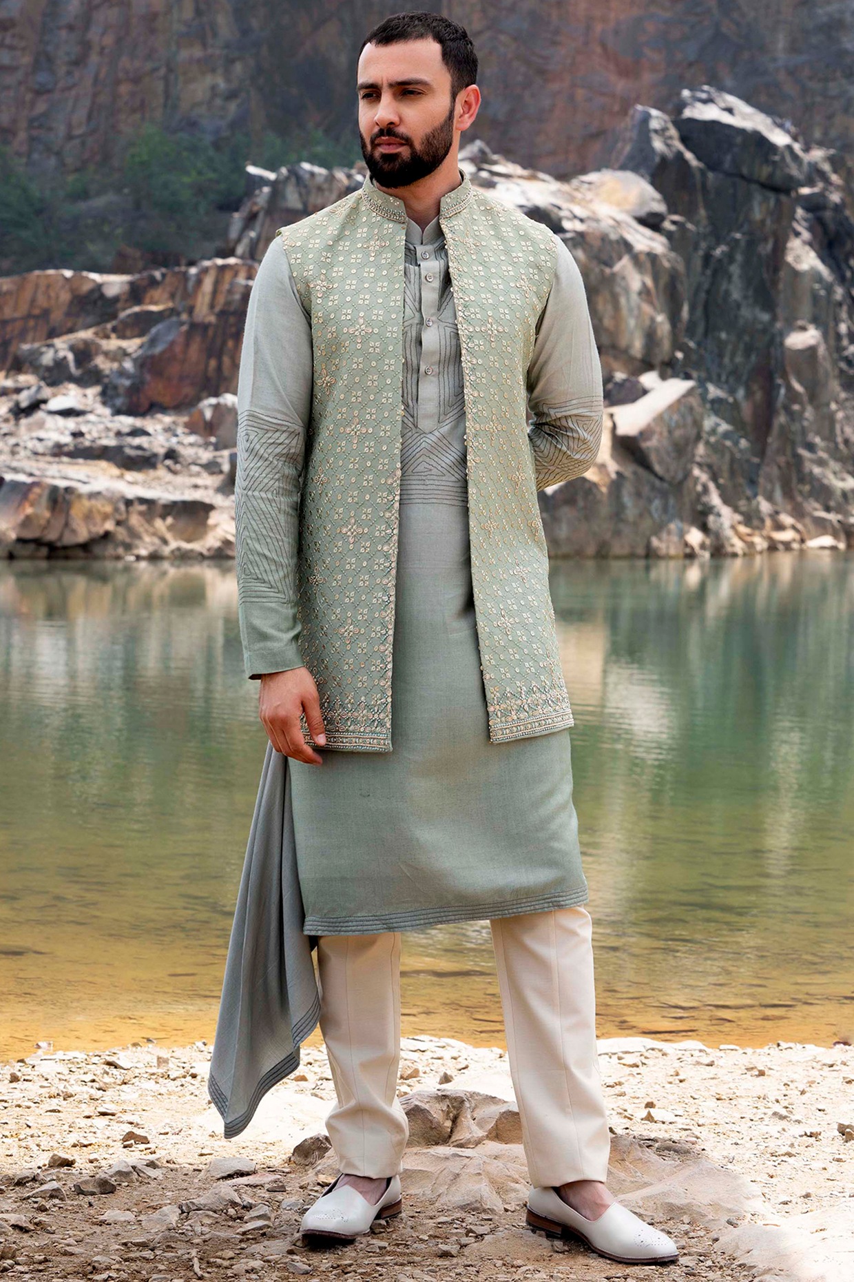 Aqua Green kurta jacket set for Men – paanericlothing