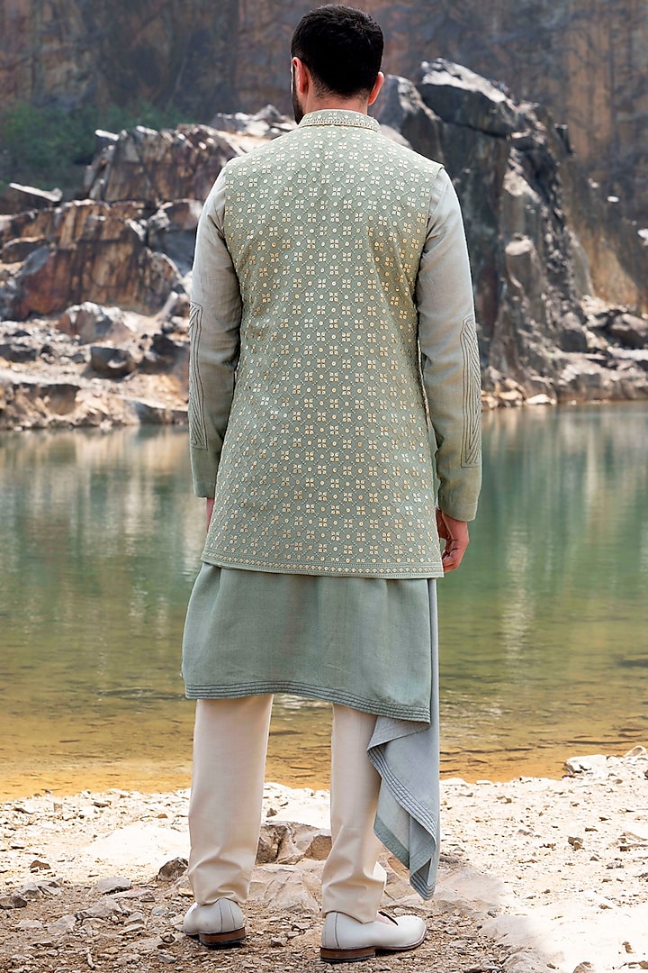 Buy Pista Green Kurta Jacket Set by Designer SONIYA.G Men Online at