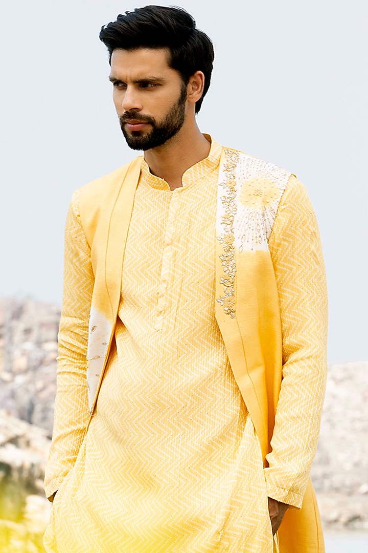 Sunlight Yellow Kurta Set With Embroidered Jacket by Soniya G Men at Pernia's Pop Up Shop