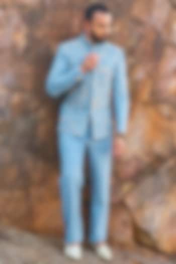 Sky Blue Lycra Embroidered Wedding Bandhgala Set by Soniya G Men at Pernia's Pop Up Shop