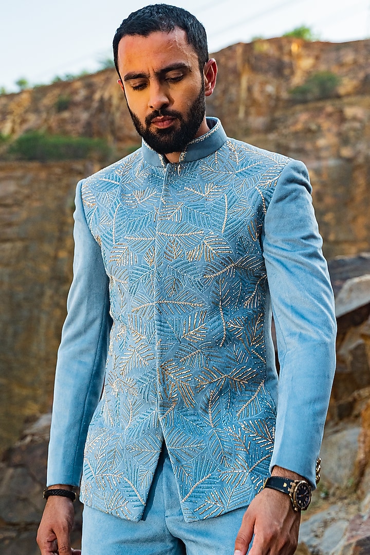 Sky Blue Lycra Embroidered Wedding Bandhgala Set by Soniya G Men at Pernia's Pop Up Shop